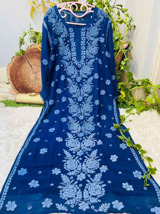 Blue Rose Garden: 3D Viscose Embroidered Kurti