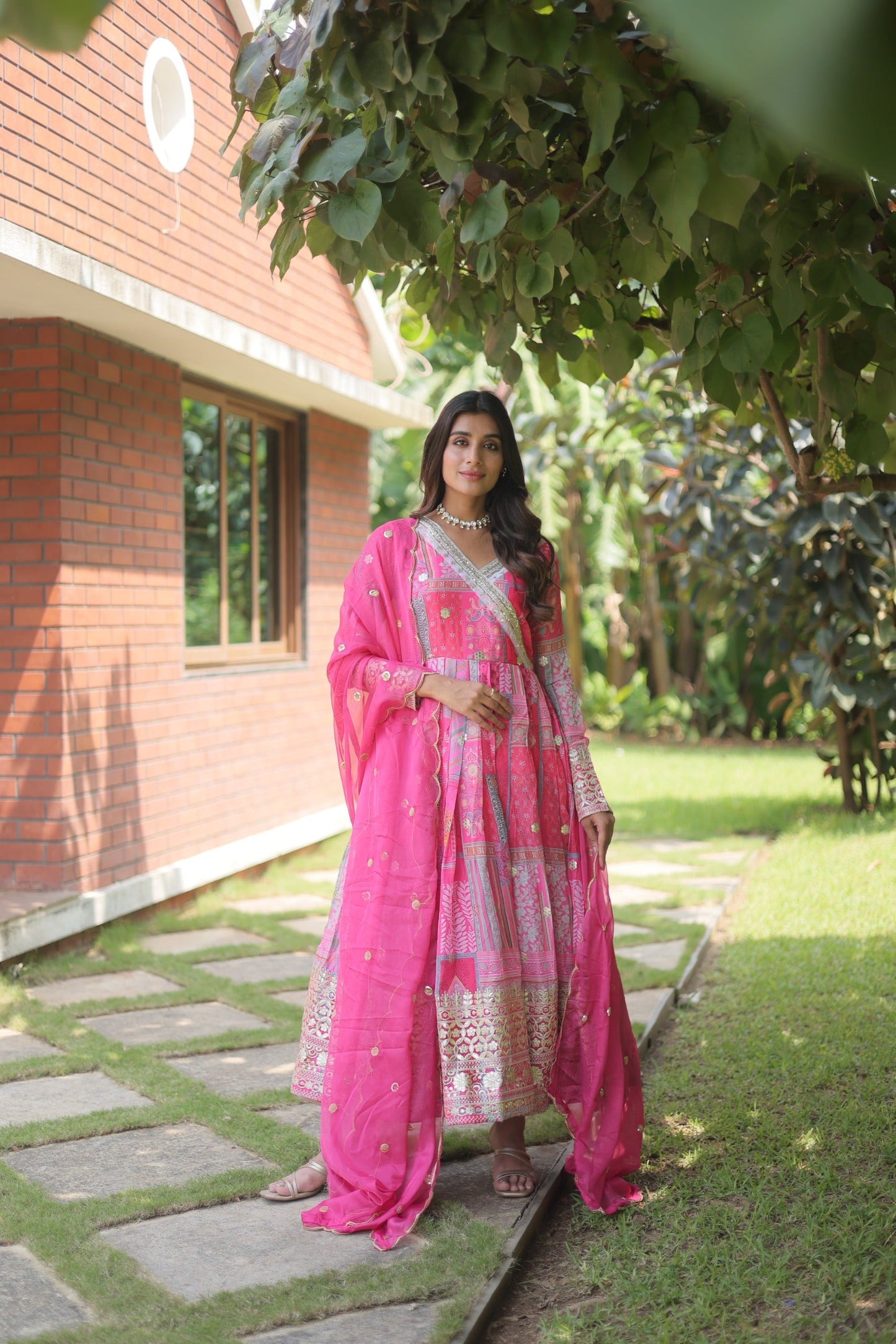 Pink Celestial Silk Embroidered Gown-Dupatta Set