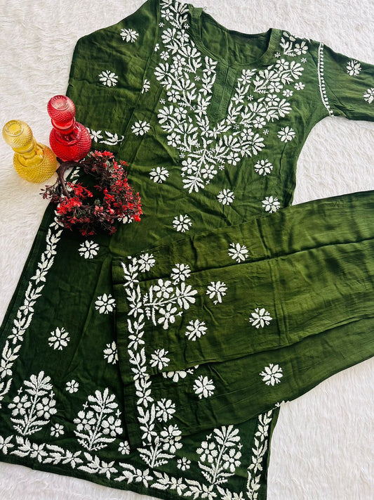 Green 🌼 Lucknawi Chikankari Heavy Work Rayon Ensemble 🌼