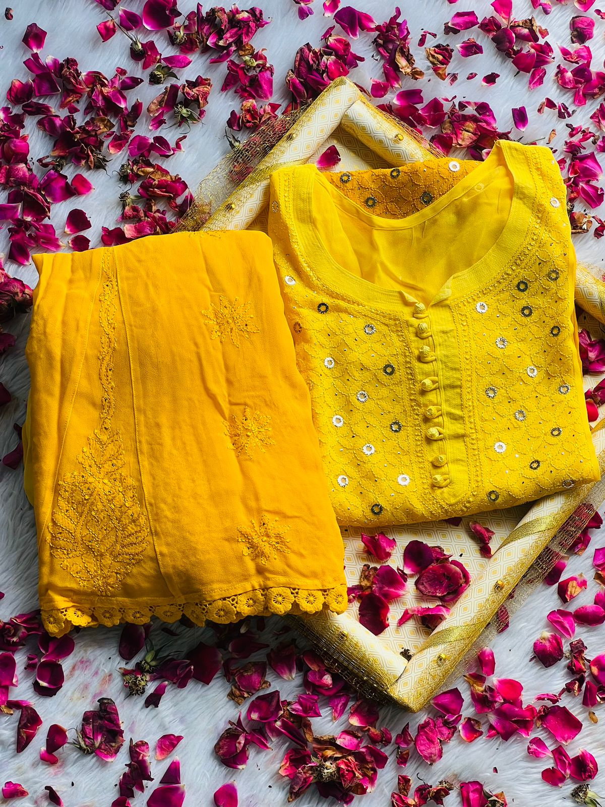 Yellow Luxe Viscose Ring Jall Kurti and Sharara Set (Made on Order)