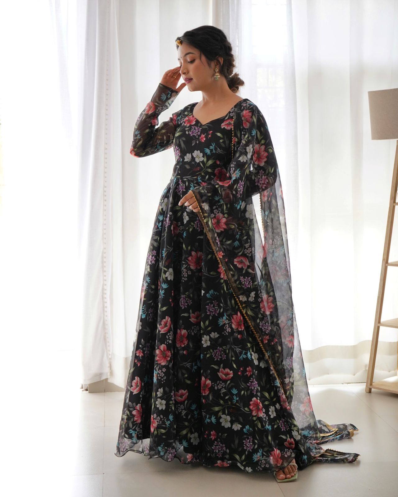 Midnight Blooms Black Floral Organza Taby Silk Gown with Dupatta