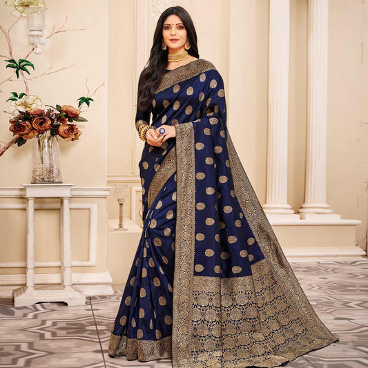 Energetic Navy Blue Colored Festive Wear Woven Banarasi Silk Saree