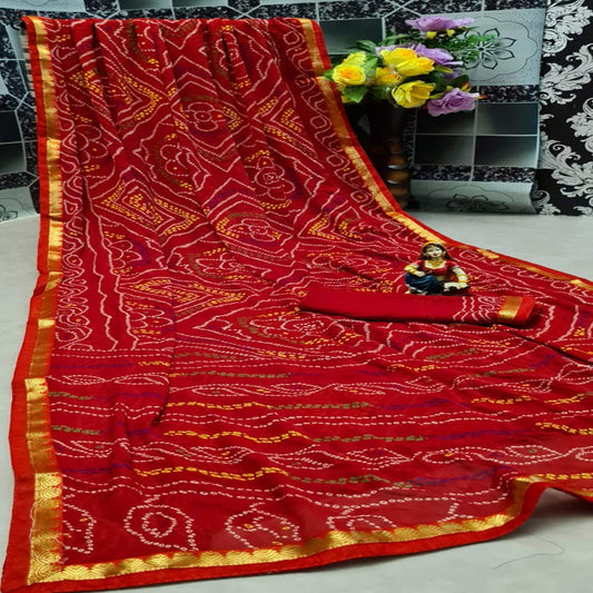 Entrancing Red Colored Festive Wear Woven Moss Georgette Saree