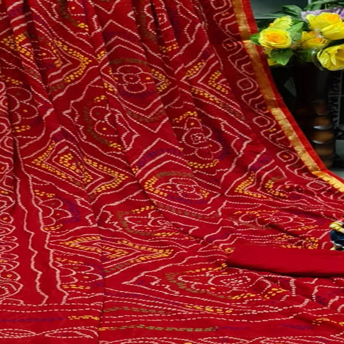 Entrancing Red Colored Festive Wear Woven Moss Georgette Saree