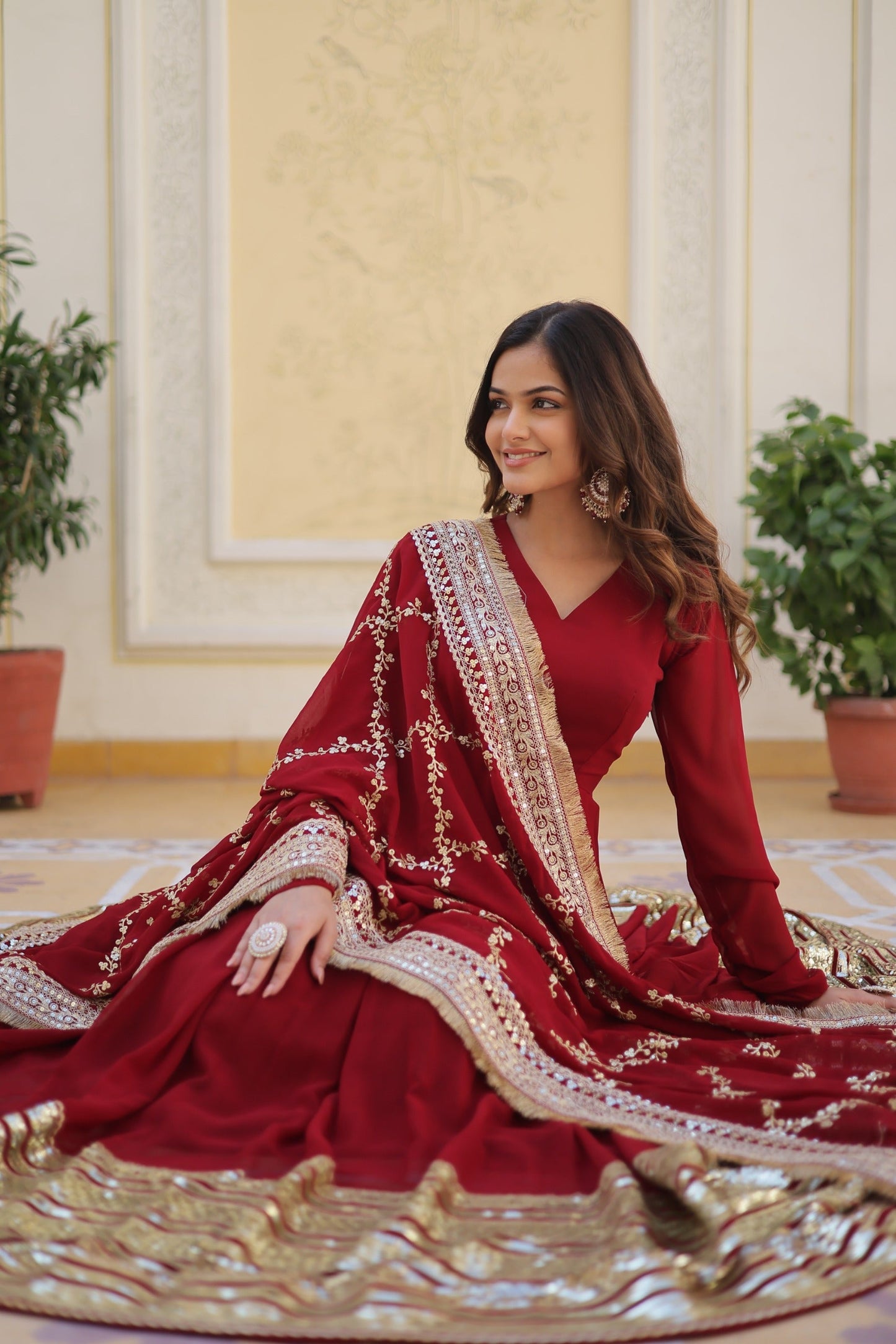 Maroon Embroidered Gown ensemble Limited Stock