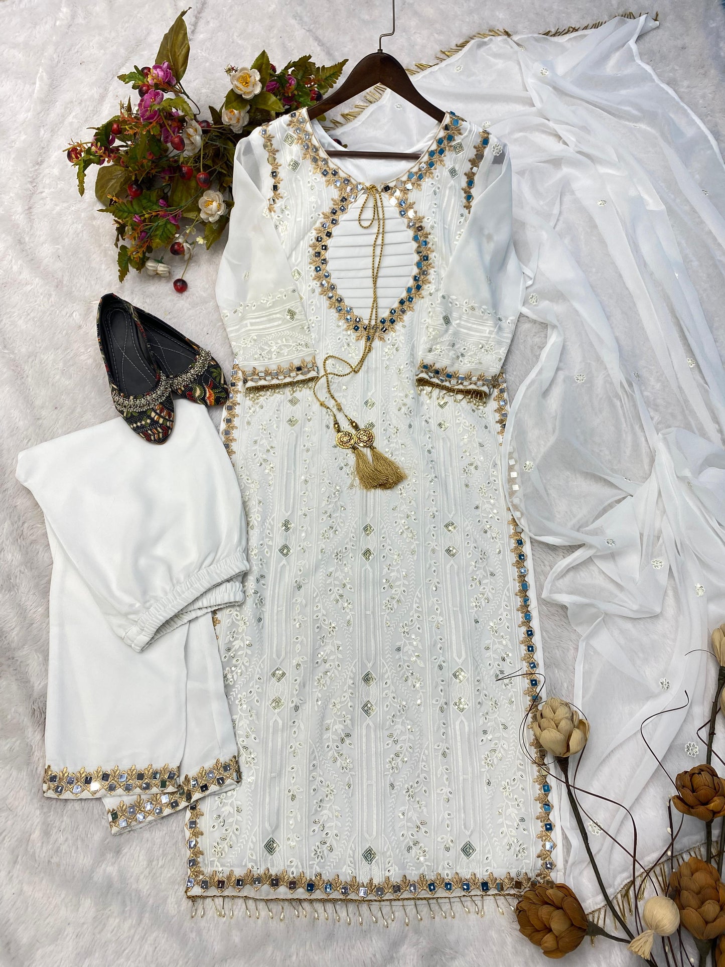 White Mirage Melody - Georgette Sequins Embroidered Ensemble