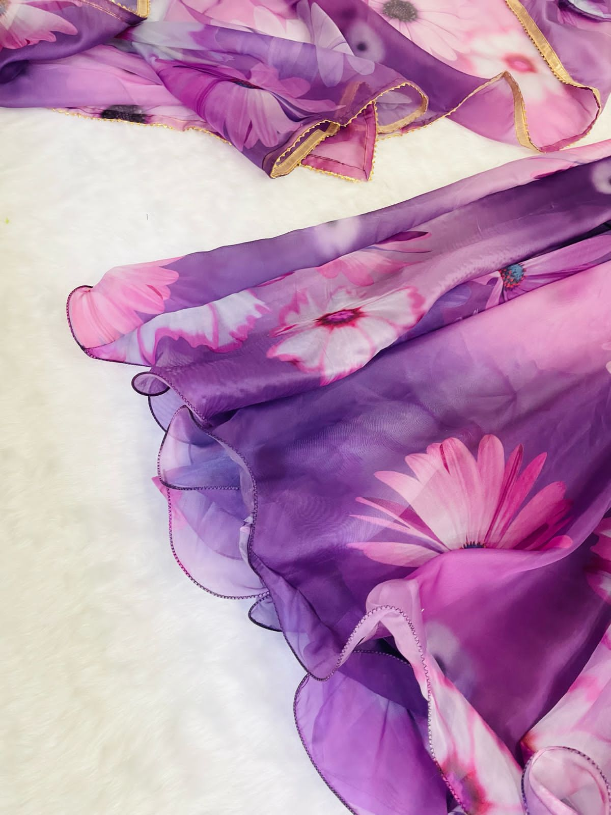 Purple 🌟 Opulent Organza Silk Gown with Digital Print and Handwork 🌟