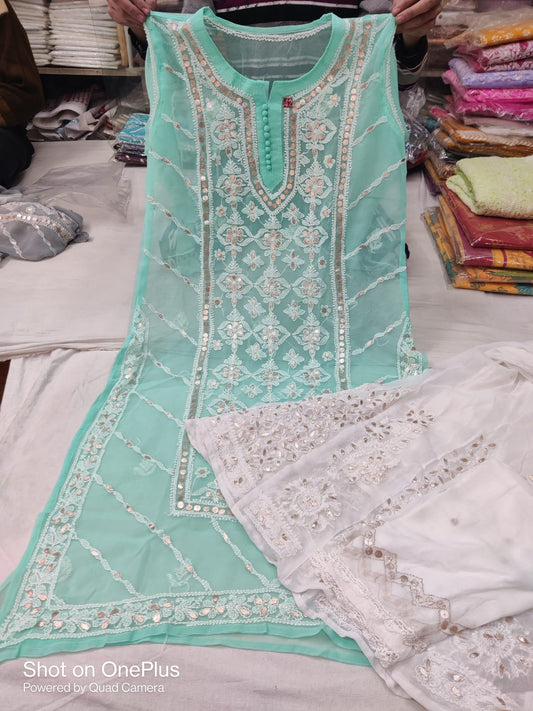 Aqua Blue Ethereal Chikankari Gota Patti Chiffon Ensemble (INNER INCLUDED)