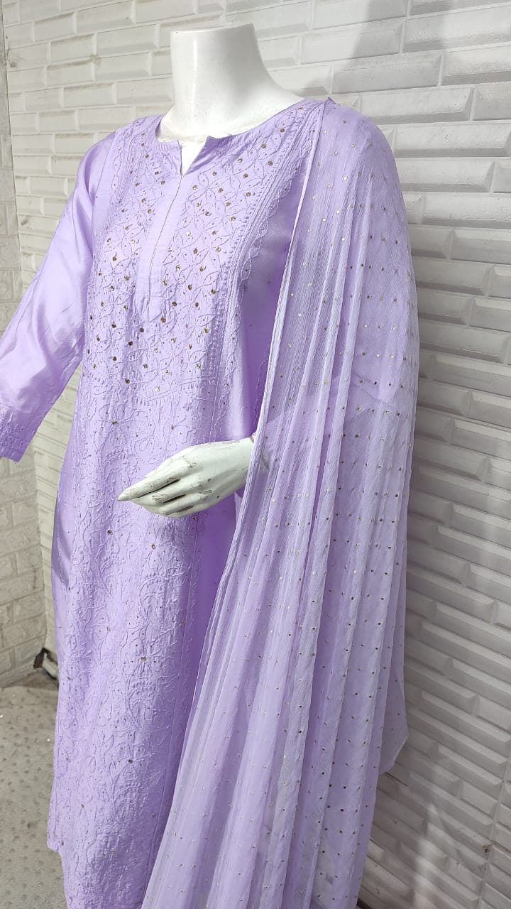 Mauve Chikankari Elegance: Modaal Chanderi Cutdana Ensemble