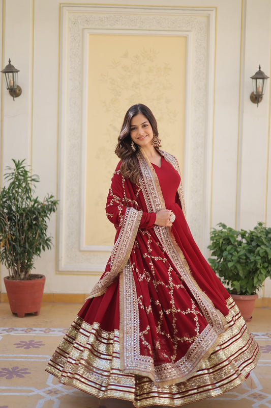 Maroon Embroidered Gown ensemble Limited Stock