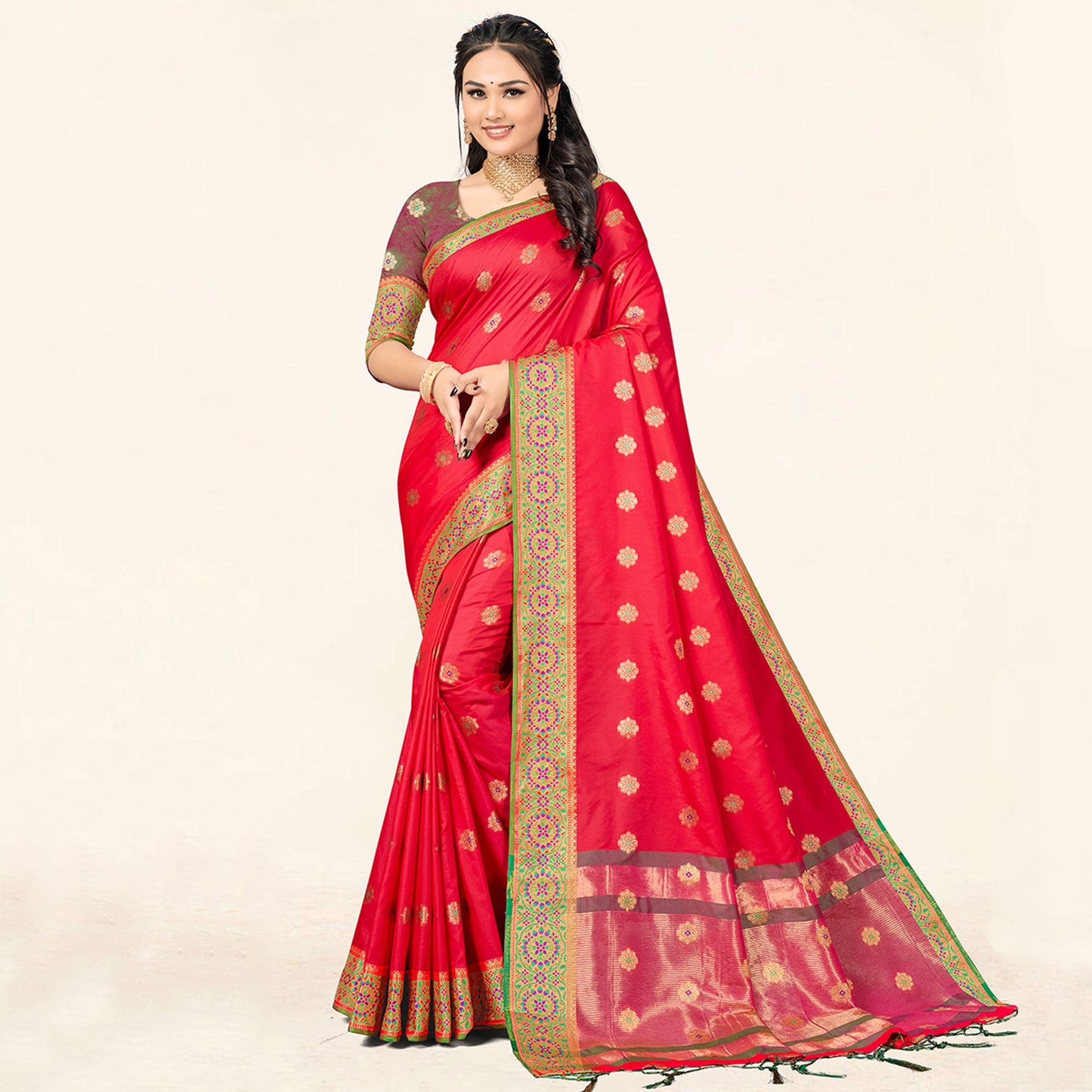 Dark Pink Woven Art Silk Saree With Tassels