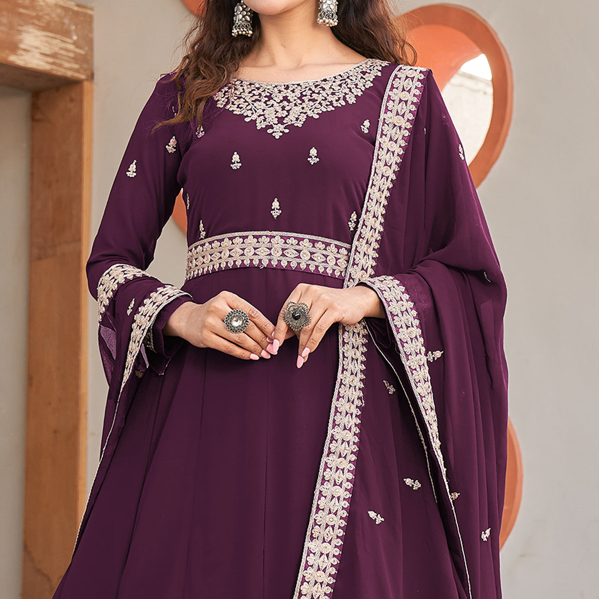 Wine Sequins Embroidered Georgette Anarkali Suit