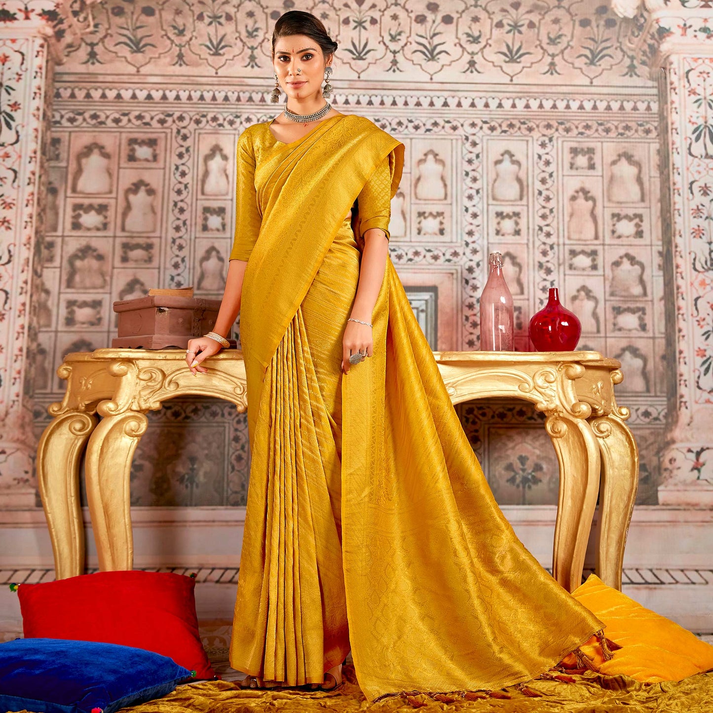 Mustard Floral Woven Art Silk Saree