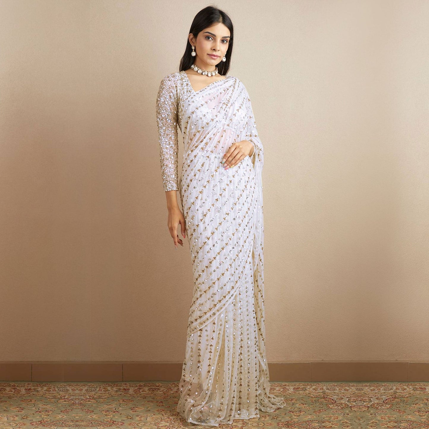 White Sequins Embroidered Georgette Saree