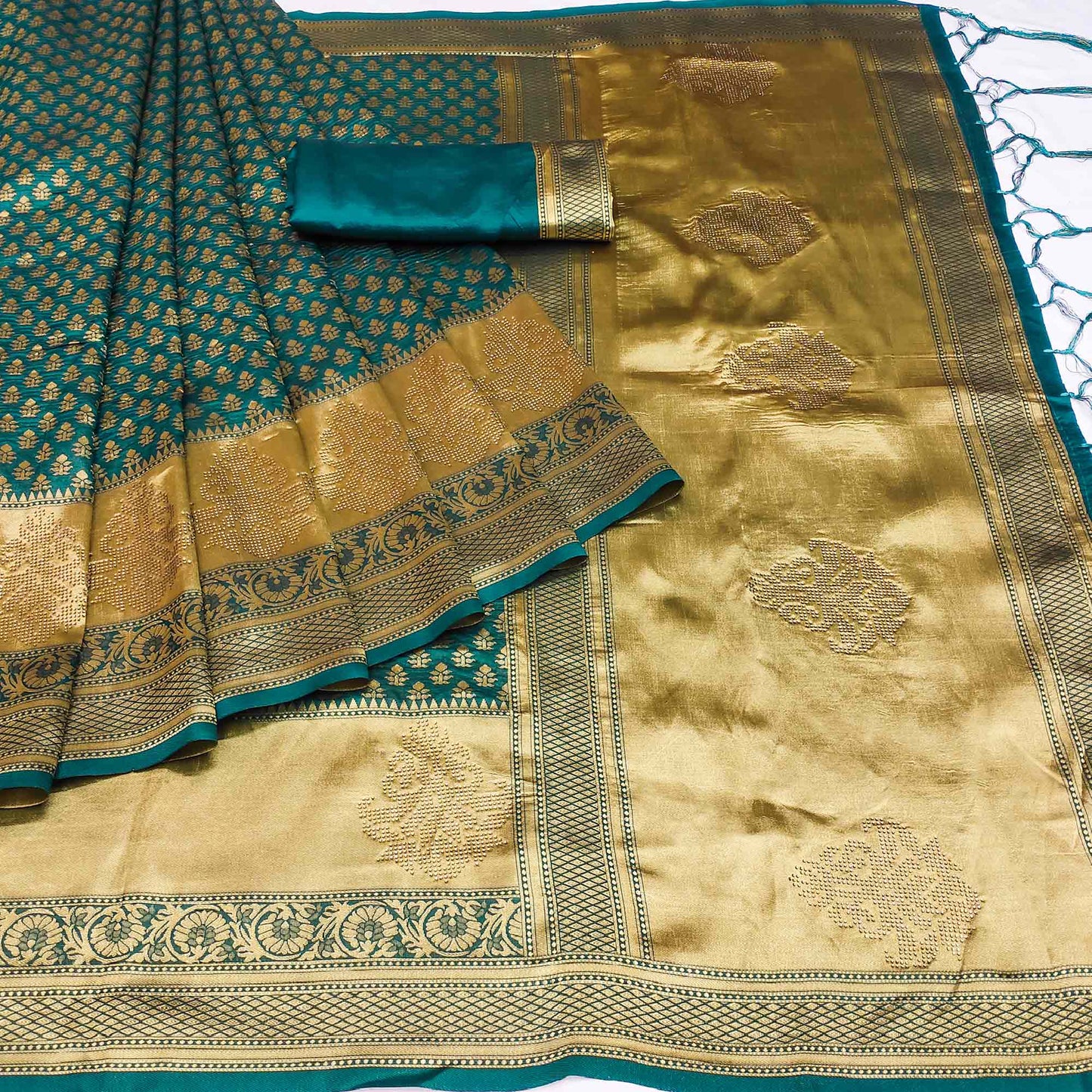 Teal Blue Woven Art Silk Saree With Tassels