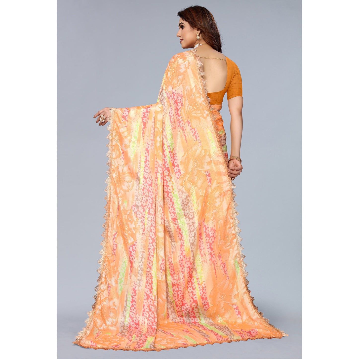 Orange Floral Printed Art Silk Saree With Crochet Border