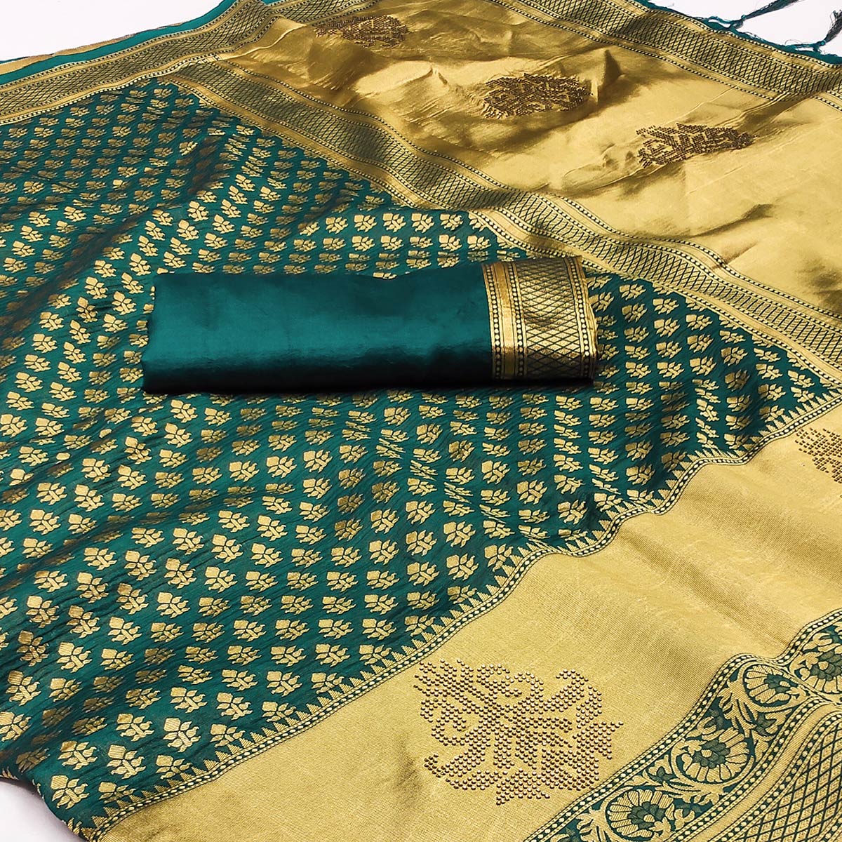 Teal Blue Woven Art Silk Saree With Tassels