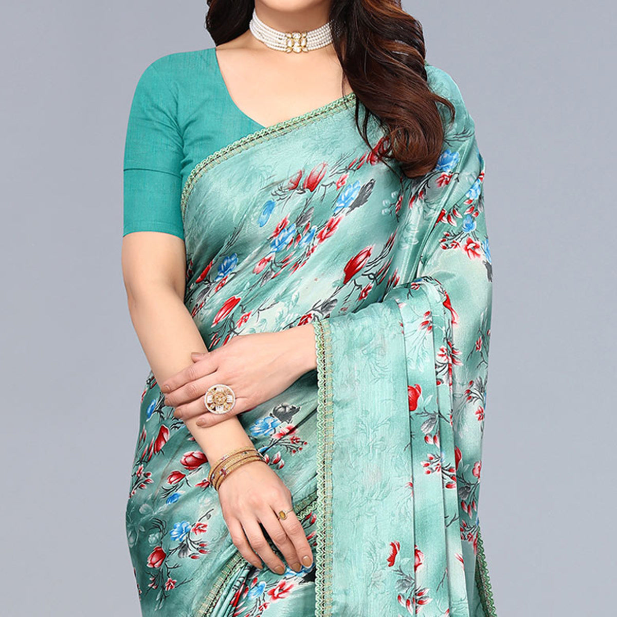 Sea Green Floral Printed Art Silk Saree With Crochet Border