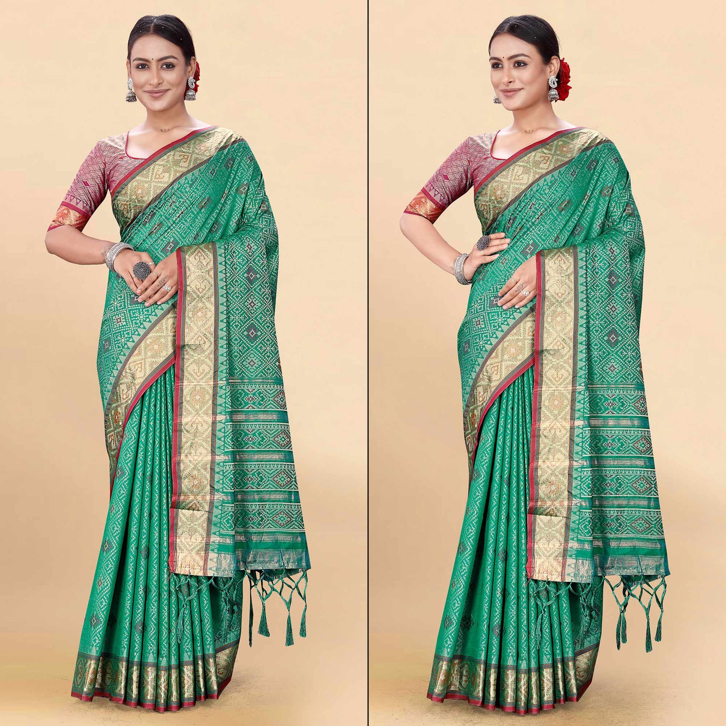 Green Woven Patola Art Silk Saree With Tassels