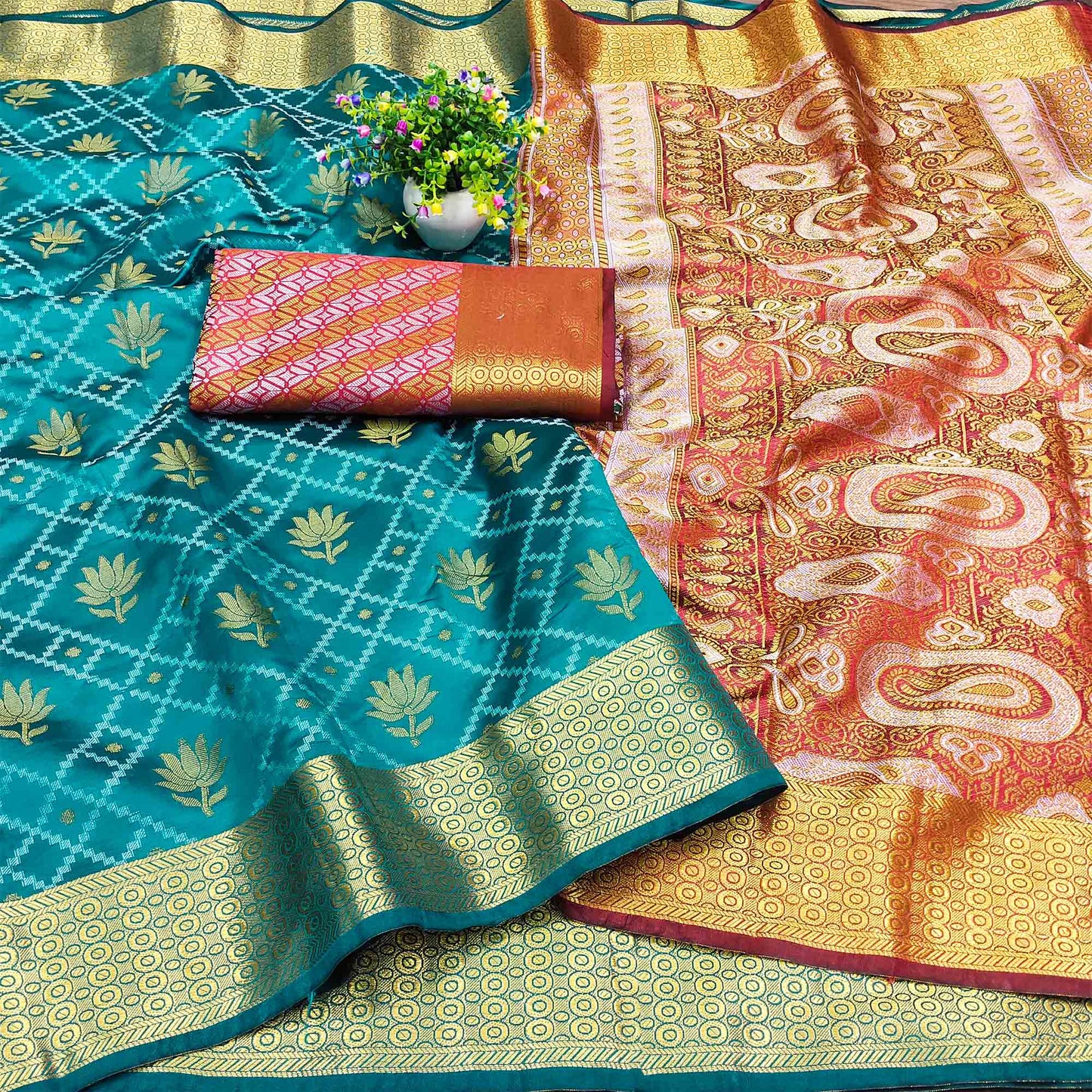 Rama Blue Floral Woven Banarasi Silk Saree