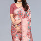 Peach Floral Printed Art Silk Saree With Crochet Border