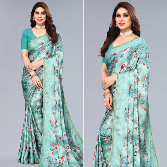 Sea Green Floral Printed Art Silk Saree With Crochet Border