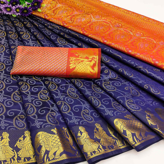 Navy Blue Bandhani Woven Banarasi Silk Saree