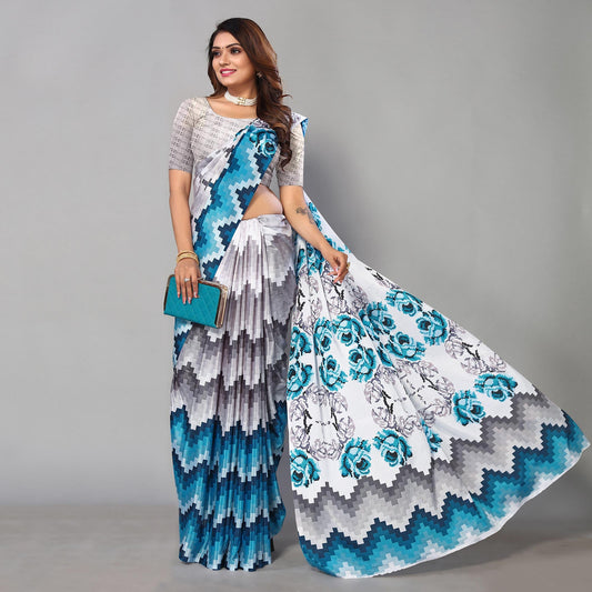 Grey & Blue Digital Printed Chiffon Saree