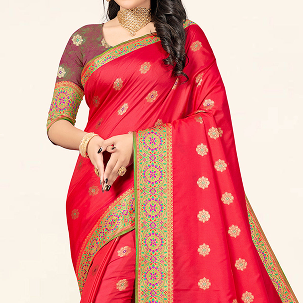 Dark Pink Woven Art Silk Saree With Tassels