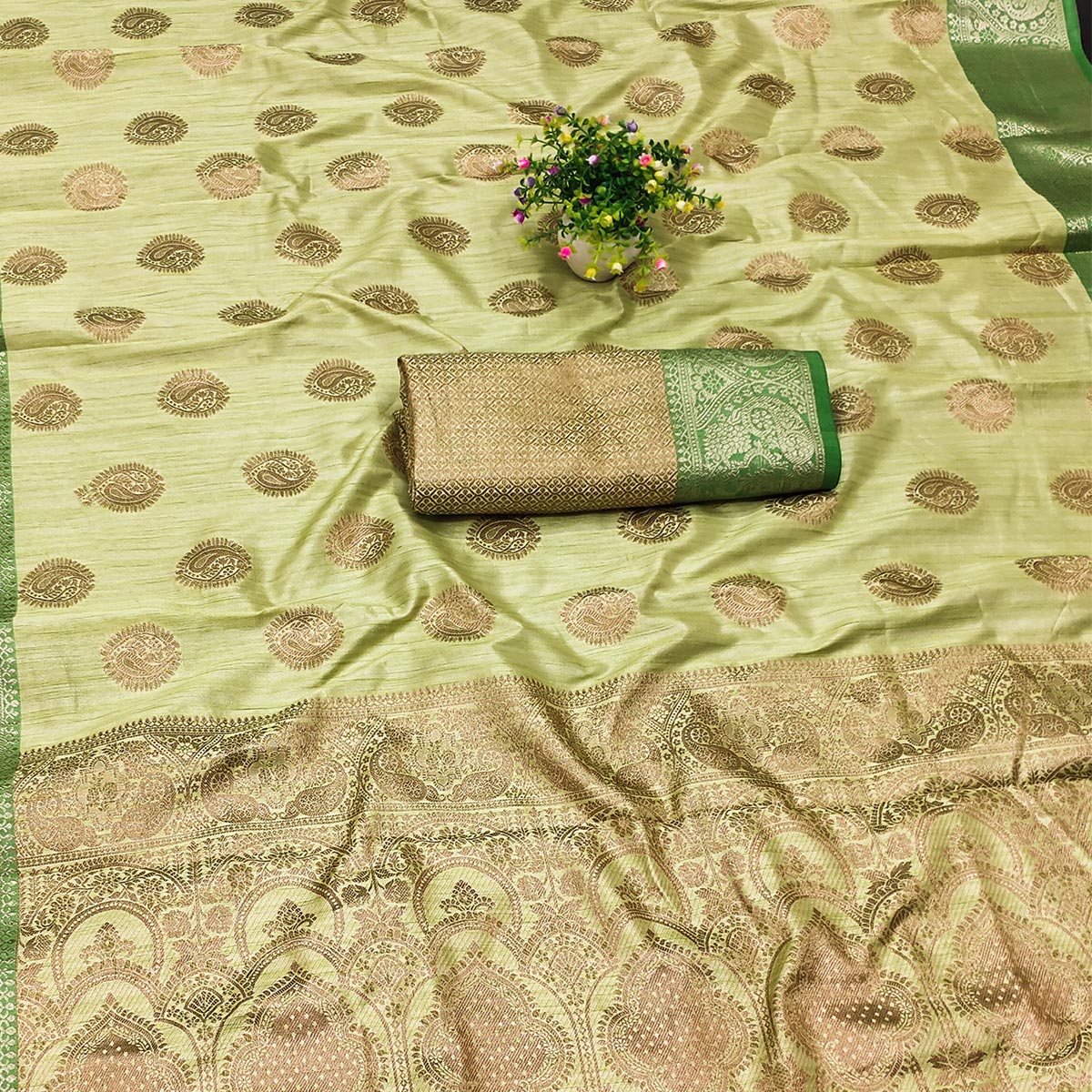 Parrot Green Woven Kanjivaram Silk Saree