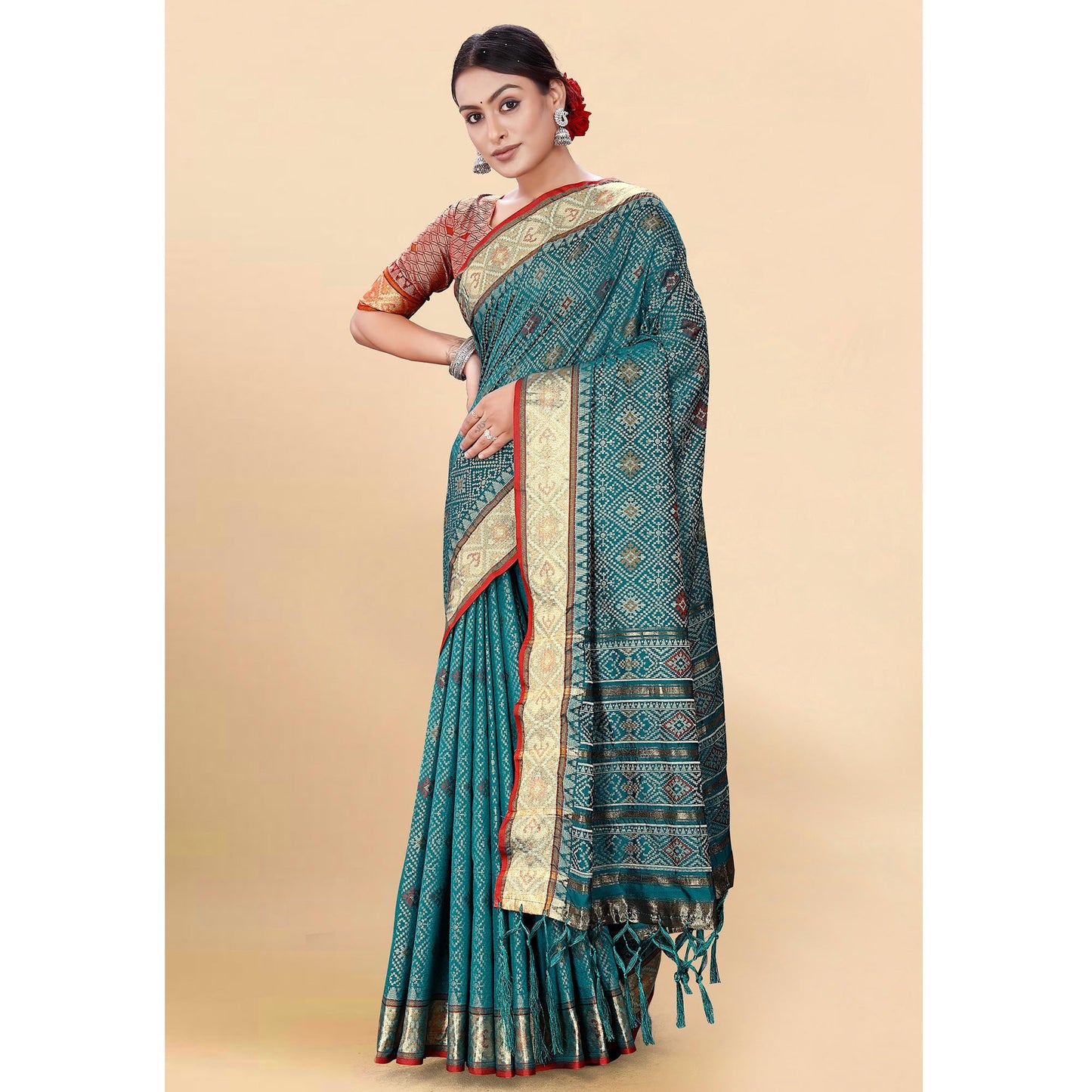 Morpich Woven Patola Art Silk Saree With Tassels