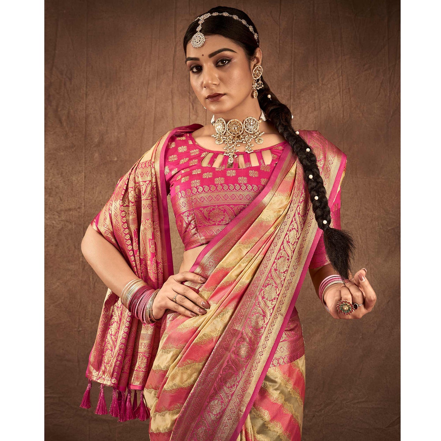 Pink & Chikoo Woven Art Silk Saree