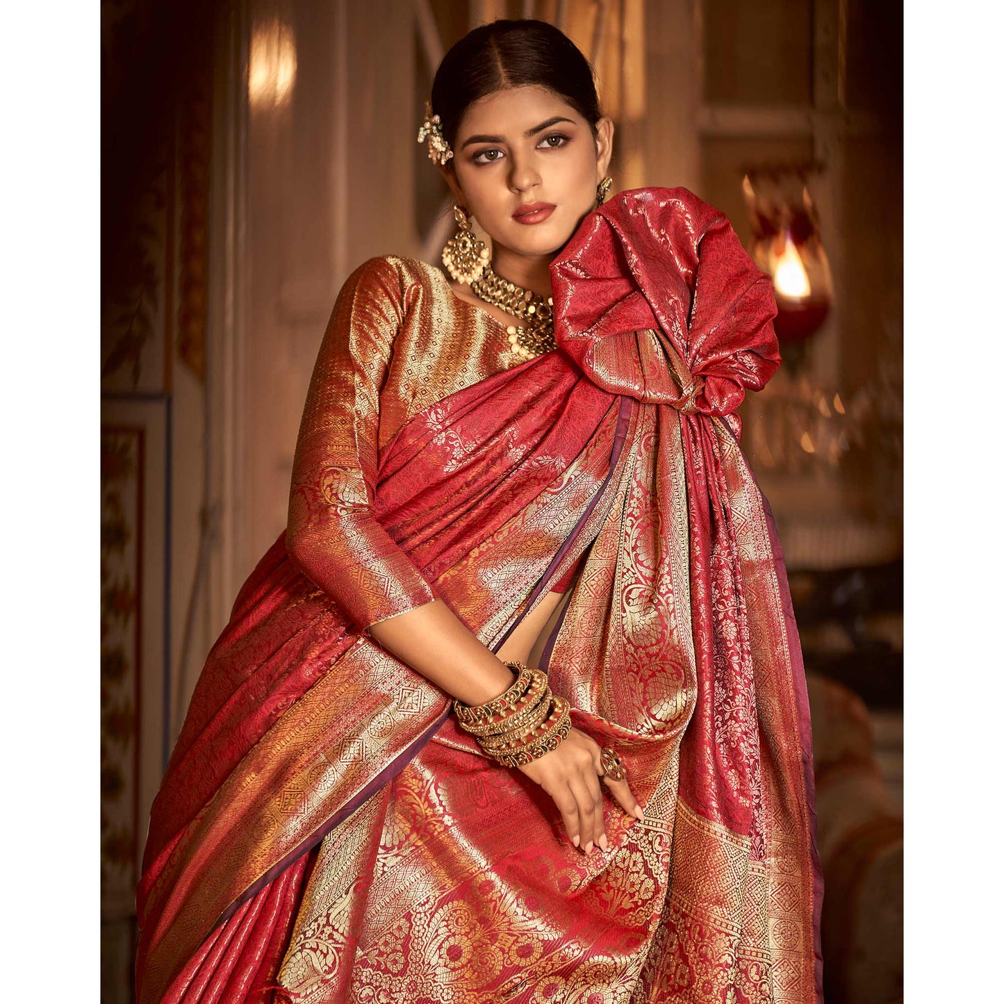 Red Floral Woven Kanjivaram Silk Saree