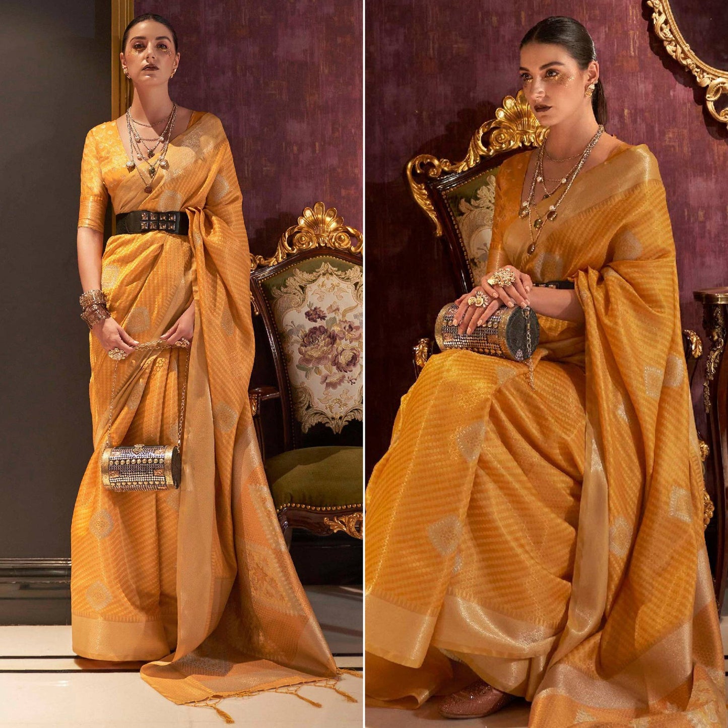 Mustard Woven Art Silk Saree With Tassels