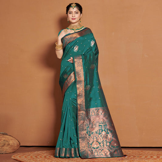 Rama Green Woven Banarasi Silk Saree