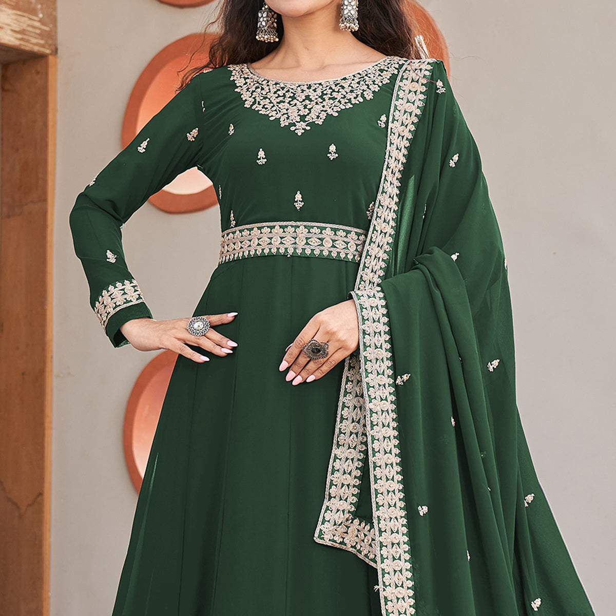 Green Sequins Embroidered Georgette Anarkali Suit