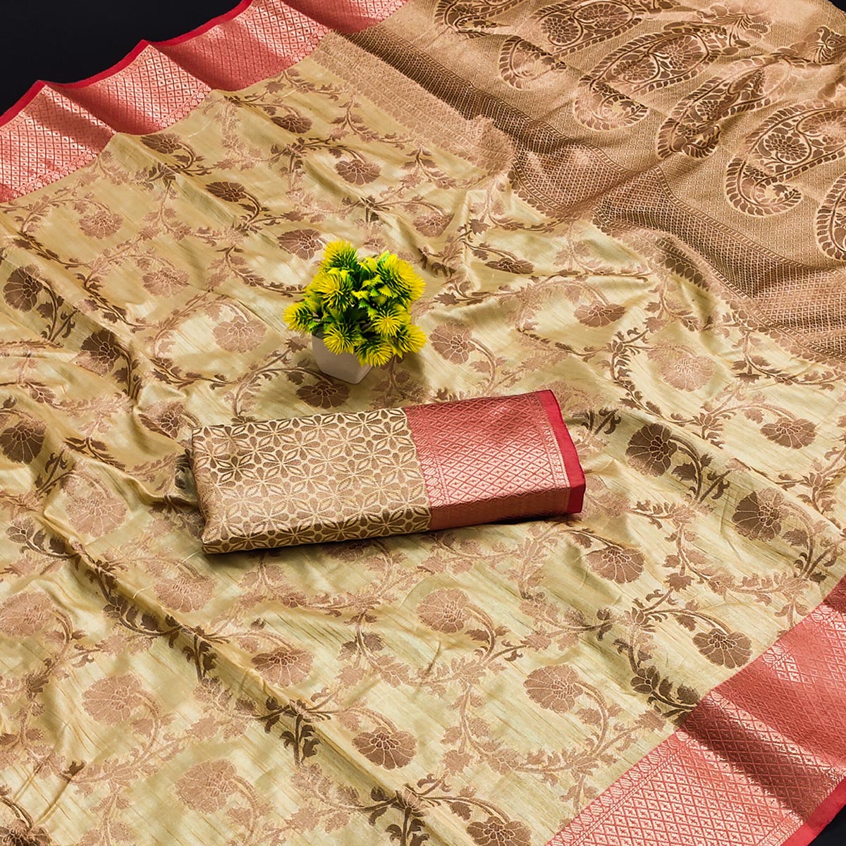 Beige Floral Woven Kanjivaram Silk Saree