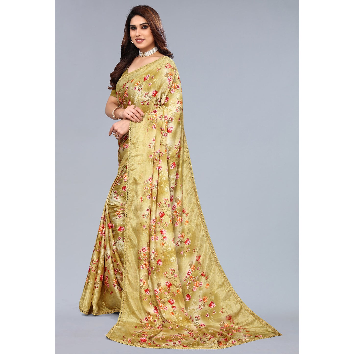 Mustard Floral Printed Art Silk Saree With Crochet Border