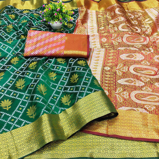 Bottle Green Floral Woven Banarasi Silk Saree