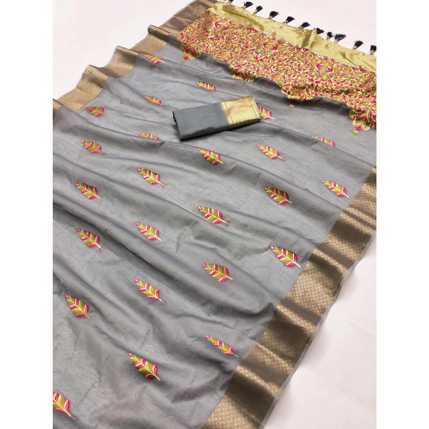 Grey Woven Art Silk Saree With Tassels