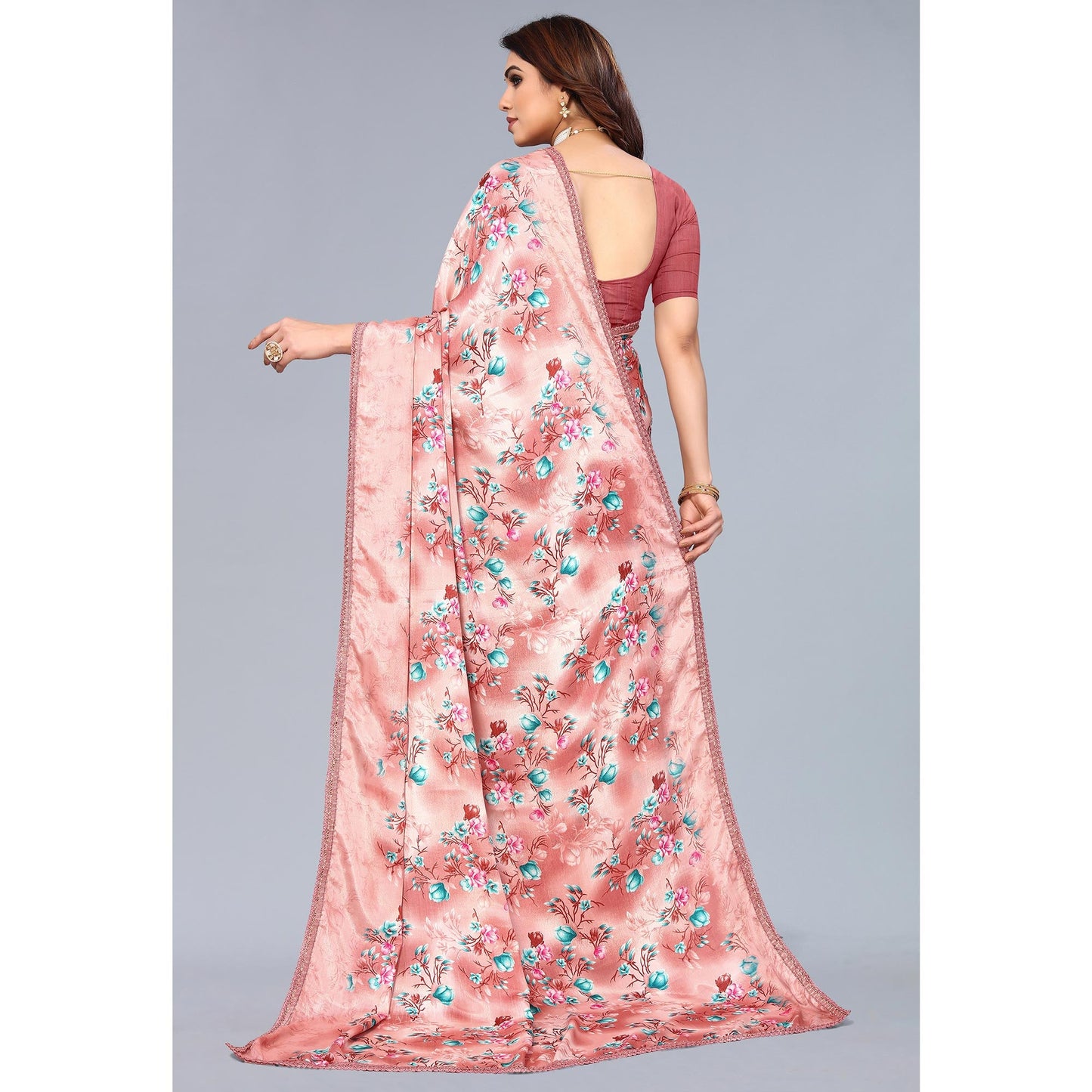 Peach Floral Printed Art Silk Saree With Crochet Border