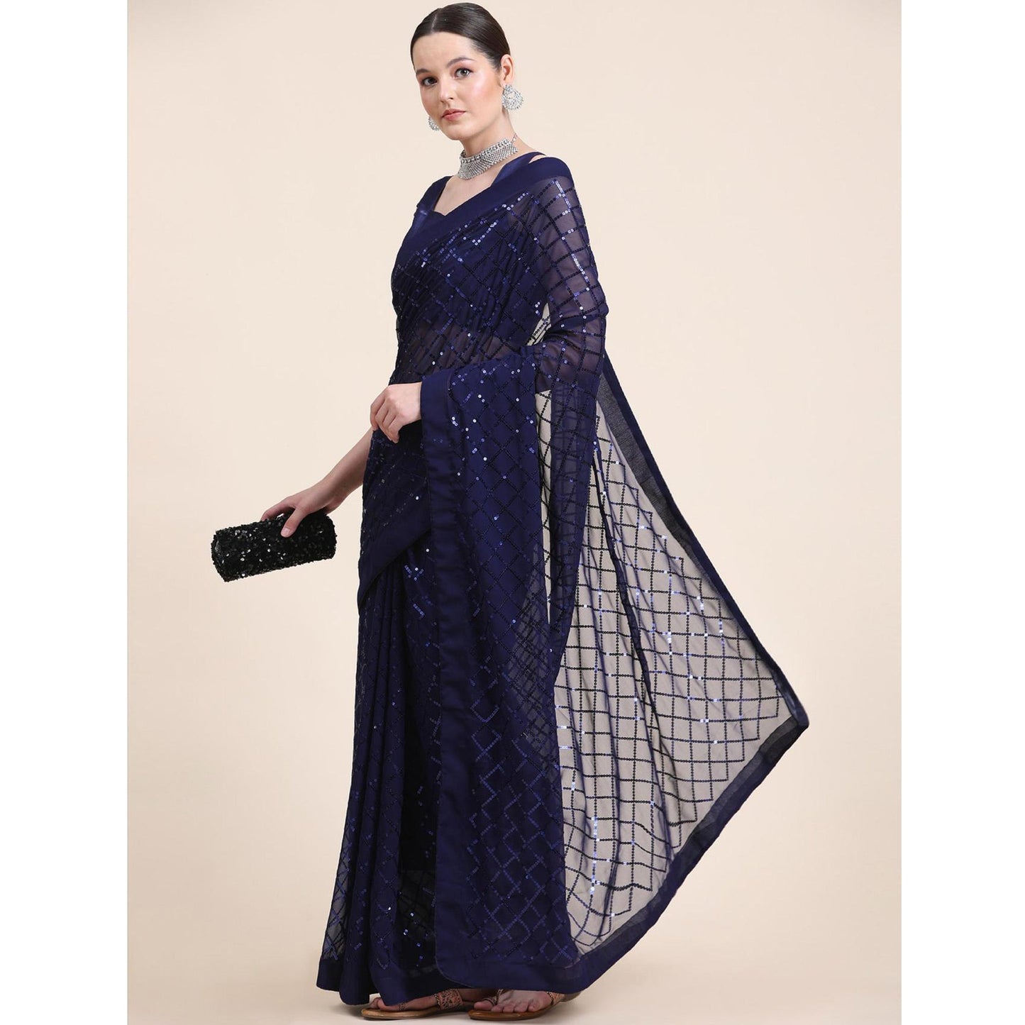 Blue Sequins Embroidered Georgette Saree