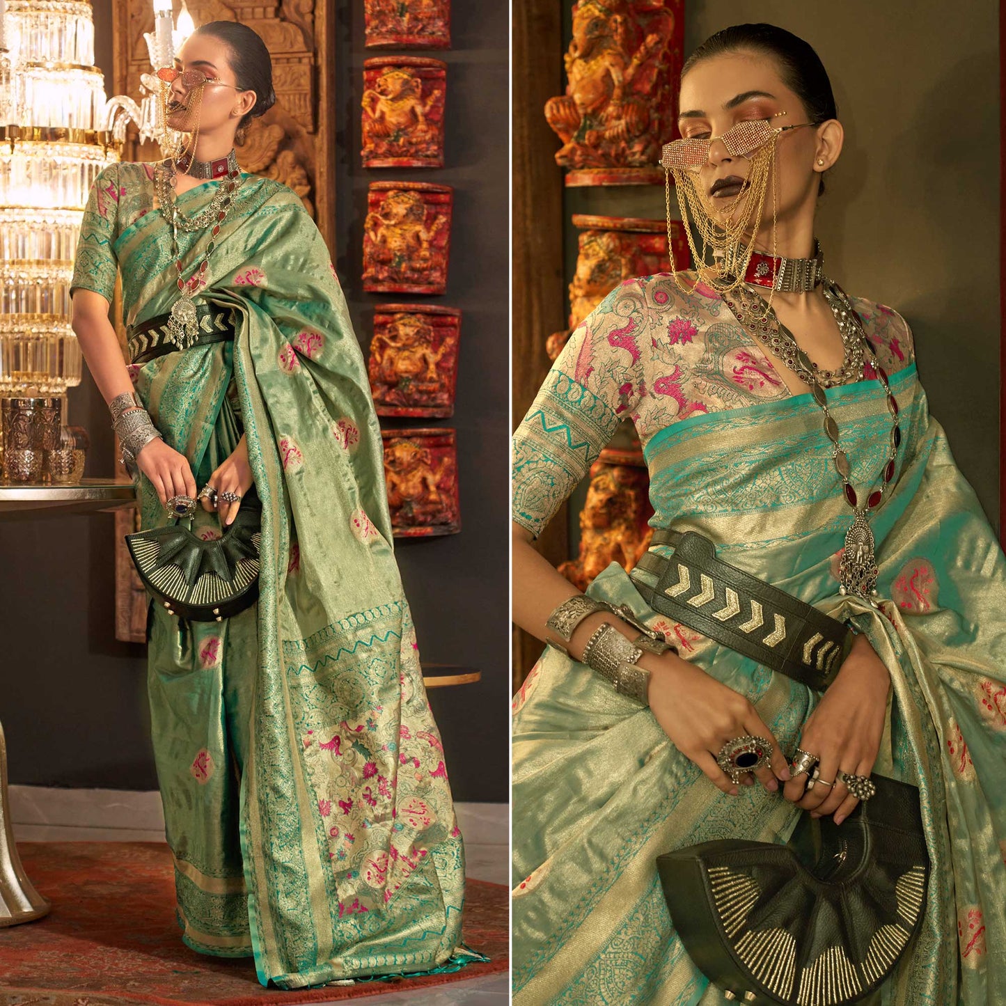 Sea Green Woven Art Silk Saree With Tassels