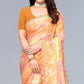 Orange Floral Printed Art Silk Saree With Crochet Border