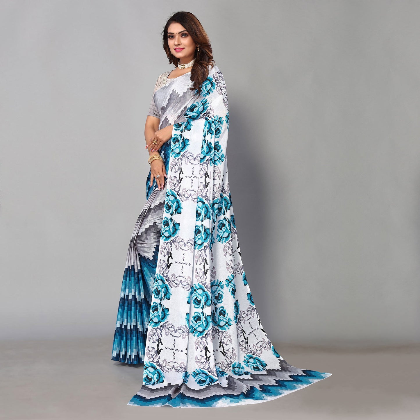 Grey & Blue Digital Printed Chiffon Saree