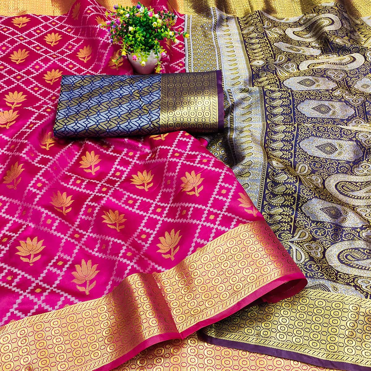 Pink Floral Woven Banarasi Silk Saree