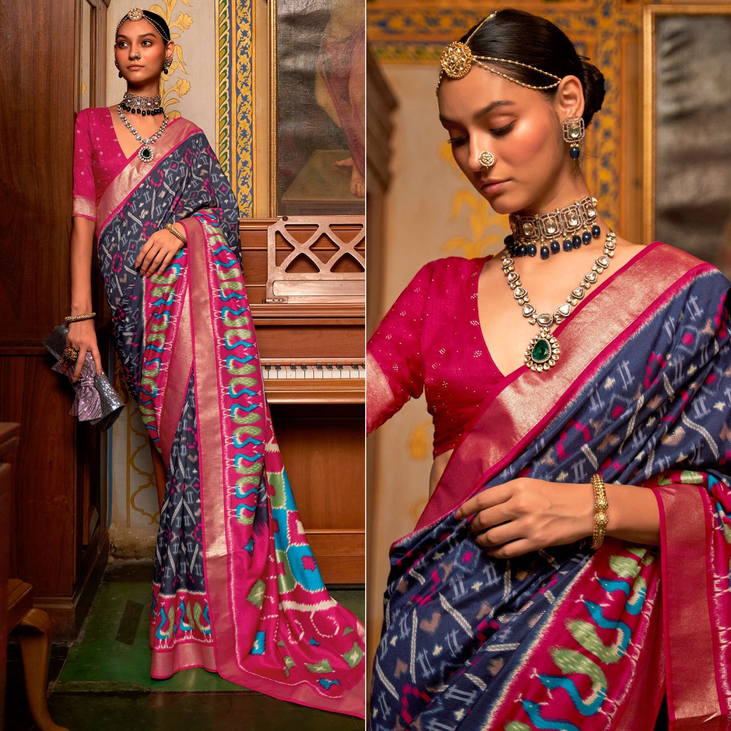 Navy Blue & Rose Pink Printed Art Silk Saree