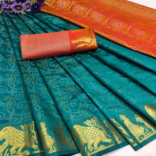 Rama Bandhani Woven Banarasi Silk Saree