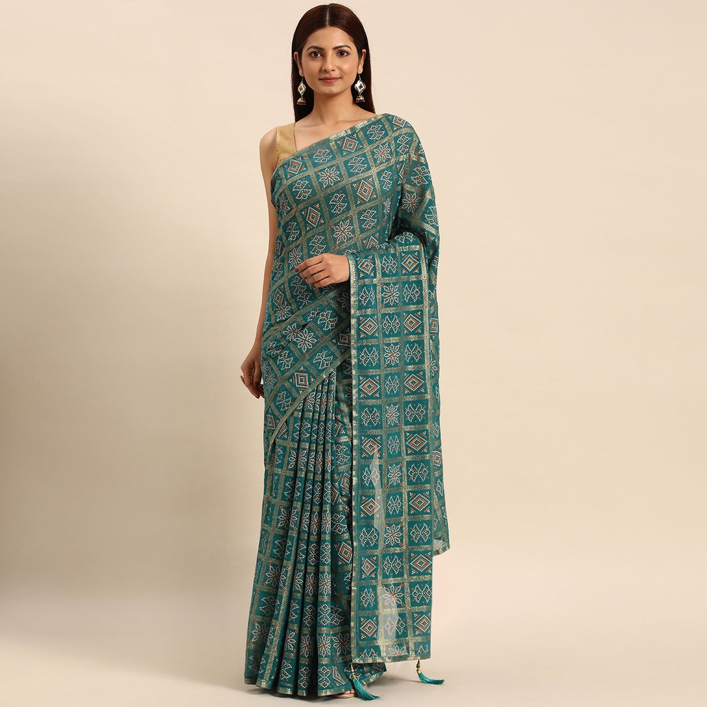 Turquoise Green Bandhani Foil Printed Zomato Saree With Tassels