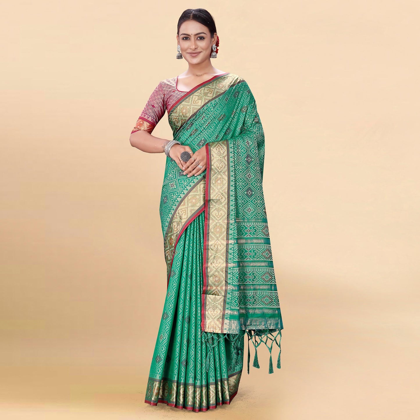 Green Woven Patola Art Silk Saree With Tassels